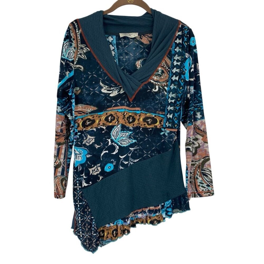 Orientique Naturally Small Patchwork Top Long Sleeve Asymmetric Hem Shawl Neck
